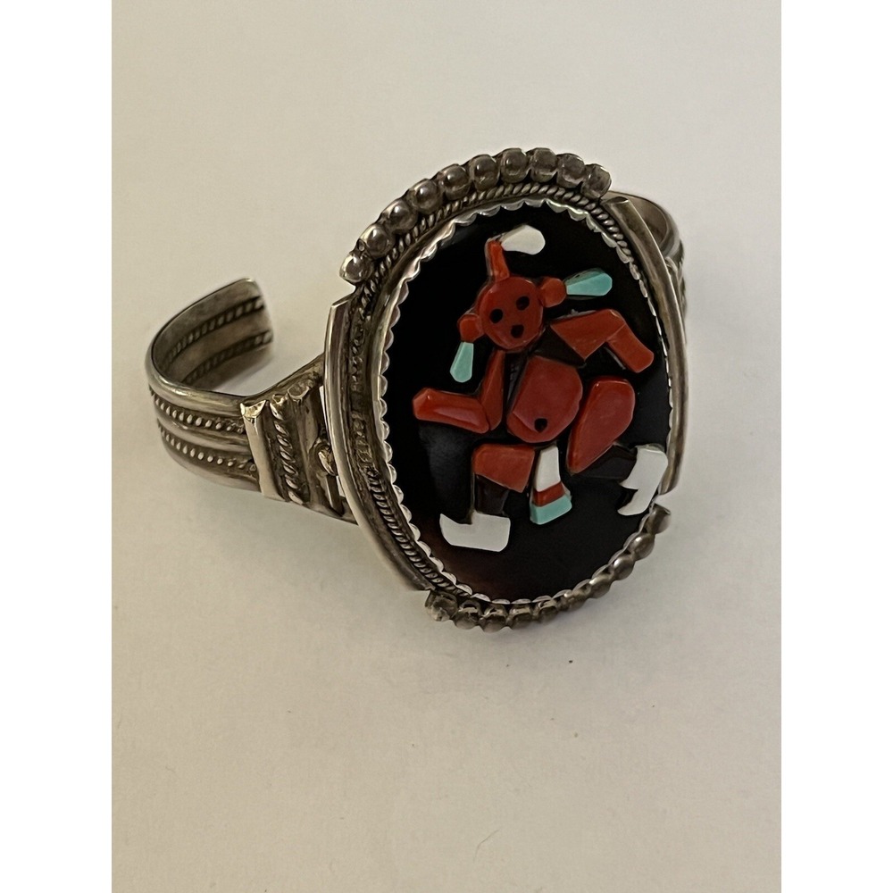 Vtg Native American Bev Etsate Zuni Inlay Mud Head Coral & Black Jet  Bracelet